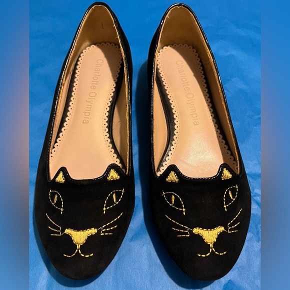 Charlotte Olympia Kitty Cat Flats Size 9 Black/Gold Loafers Made in Italy - Picture 1 of 6